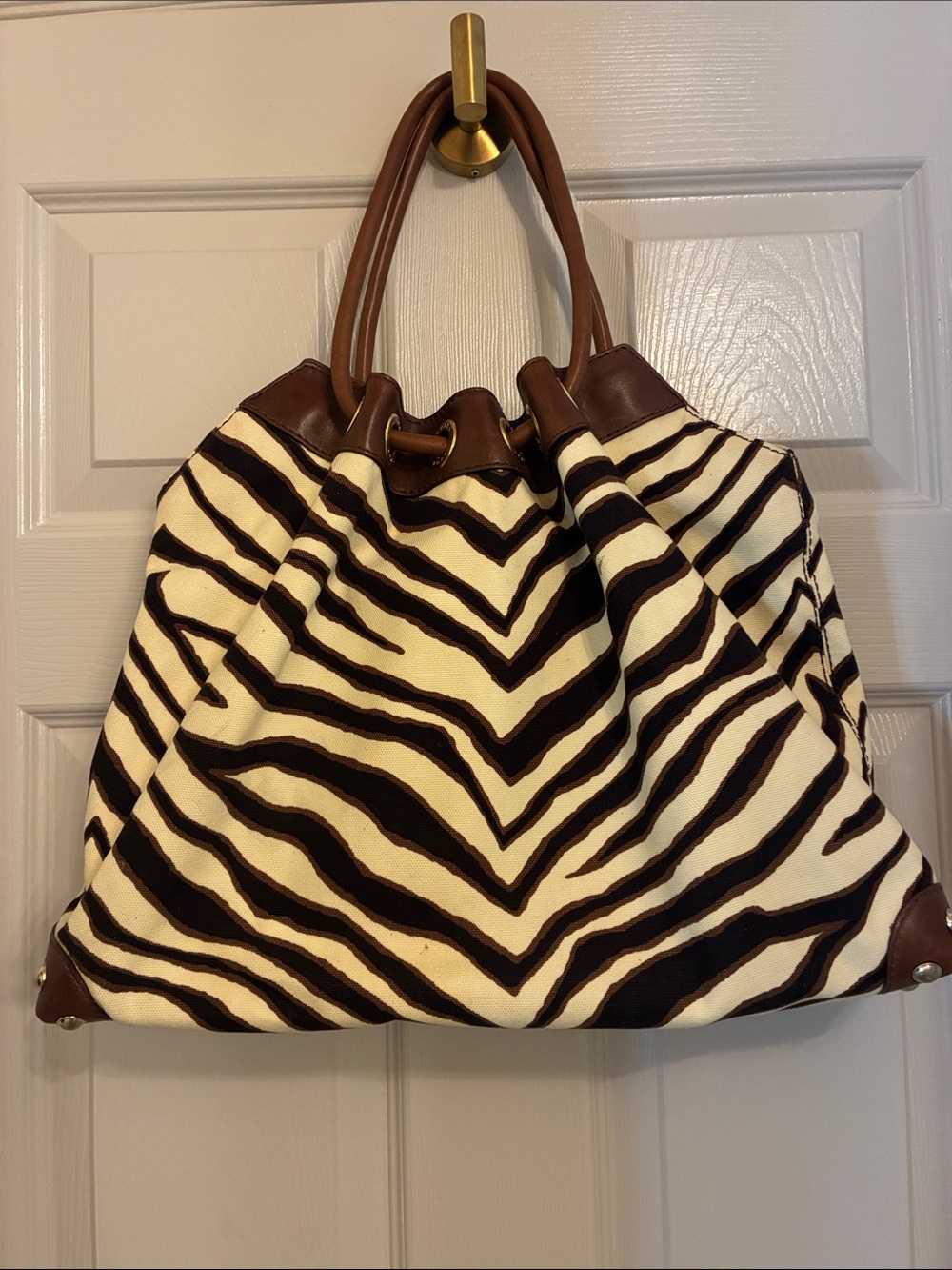 Michael Kors Black and White Zebra-Print Tote with Brown Leather Trim